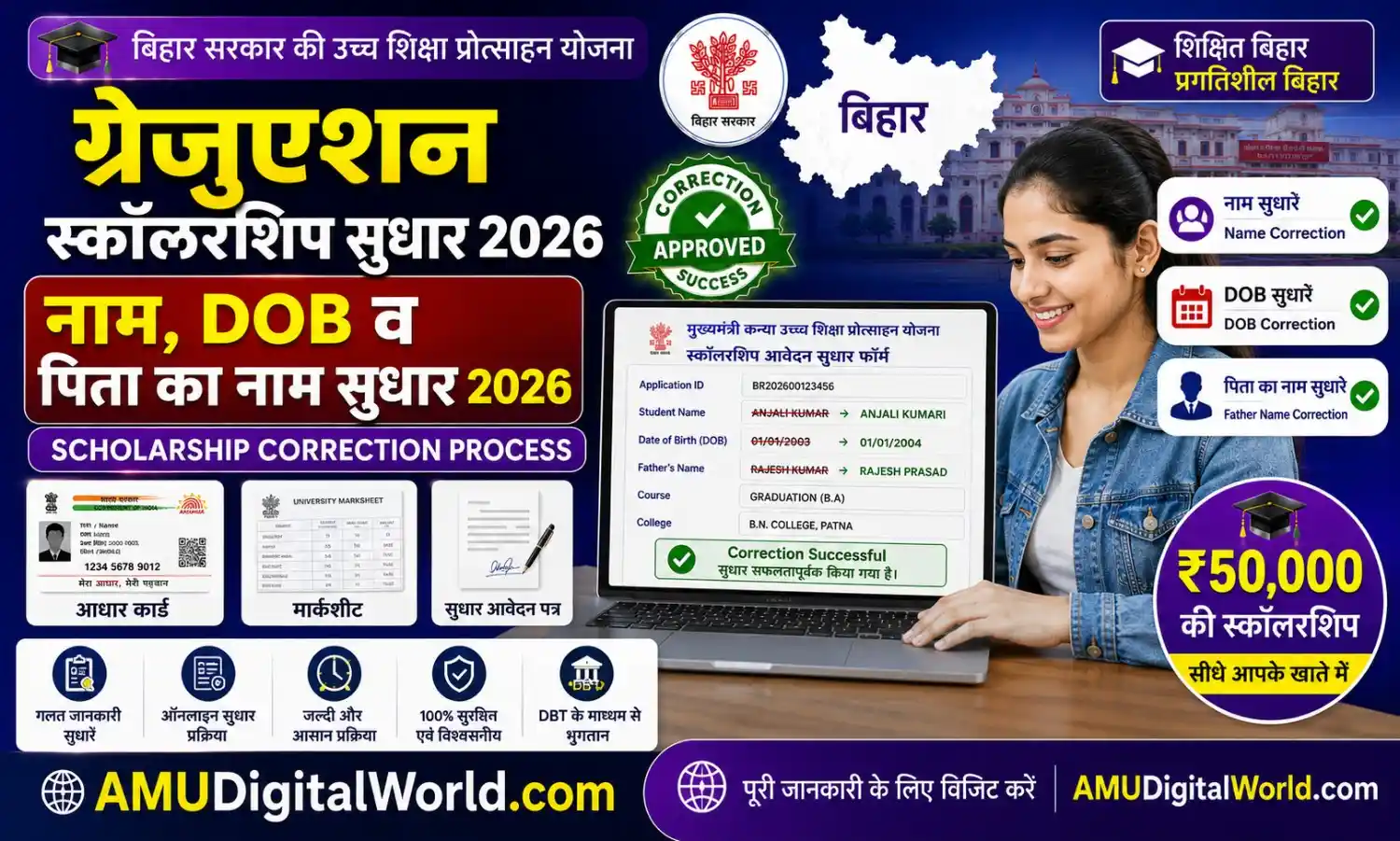 Graduation Pass Scholarship Name, Date of Birth & Father Name Correction 2026: आवेदन में गलती कैसे सुधारें?